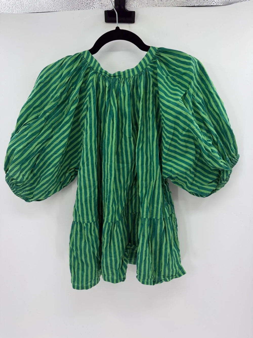 Printfresh Women's V-neck 100% Organic Cotton Puff Sleeve Top - Green Stripes M - Picture 6 of 6